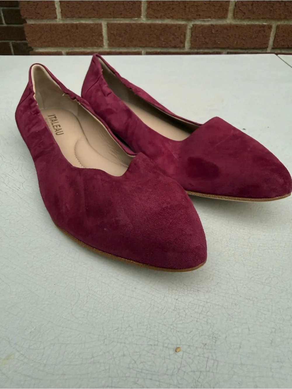 Italeau Mara Handmade Flat Dress Shoe Suede Burgundy Almond Toe US 12 EU 44